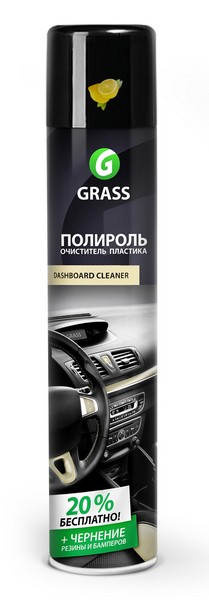 GRASS 120107-1 Очиститель пластика Dashboard Cleaner Лимон: профессион. аэрозоль для полировки и придания глянцевого блеска пластиковым, кожаным и резиновым элементам салона, 750 мл