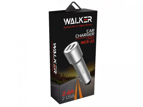 WALKER 53856 Зарядное устройство  в прикуриватель 2 слота USB, 2.4А,12Вт,(удлиненный корпус),черное,WCR-22