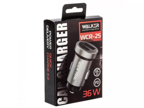 WALKER 53858 Зарядное устройство  в прикуриватель 2 слота USB+TYPE-C, 3А, 36Вт,быстрая зарядка 3.0,WCR-25