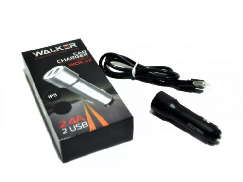 WALKER 53940 Зарядное устройство  в прикуриватель 2 слота-USB + кабель Lightning. удлиненное (2,4А, 12Вт)